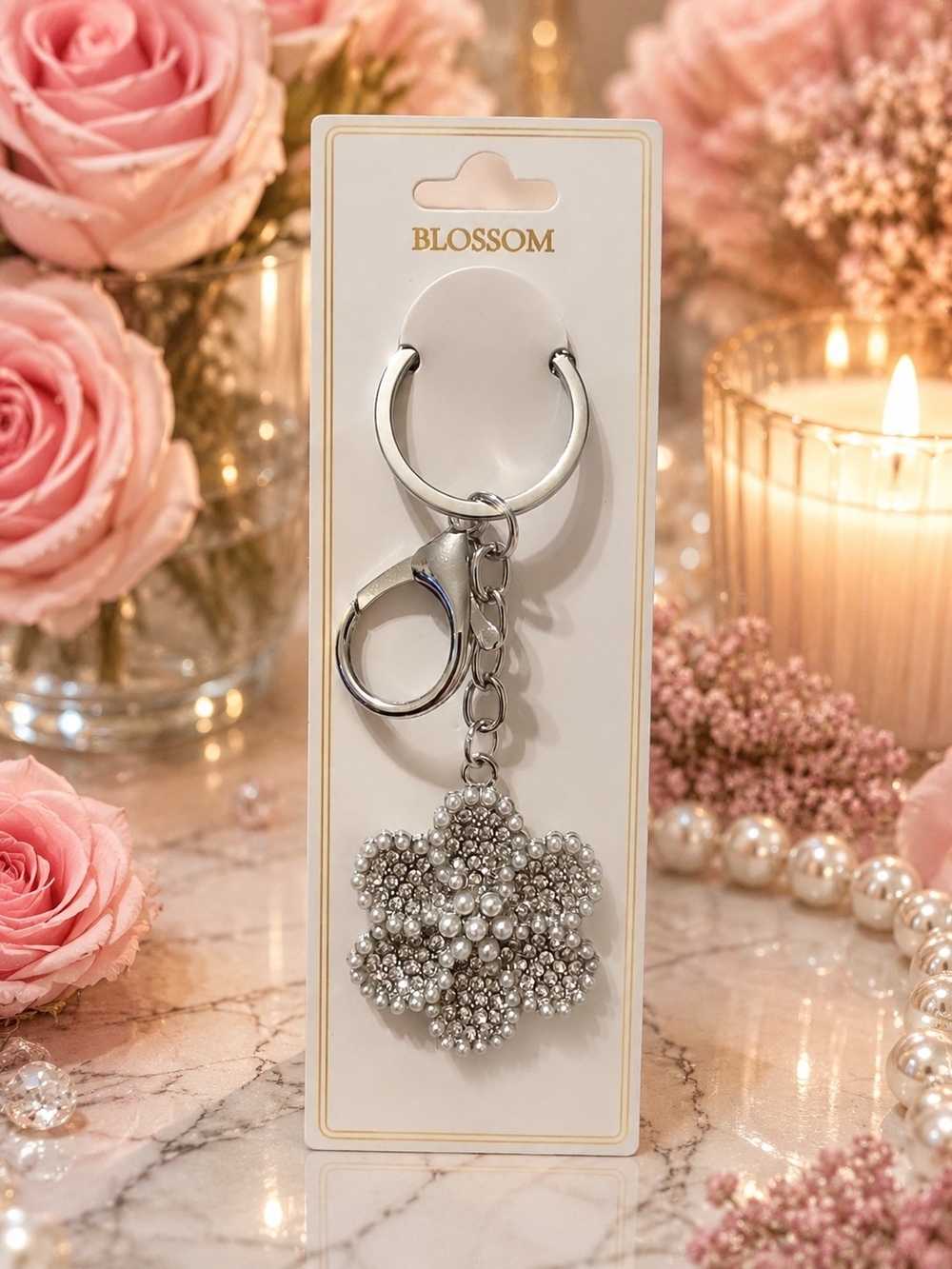 Silver Pearl Flower Keychain